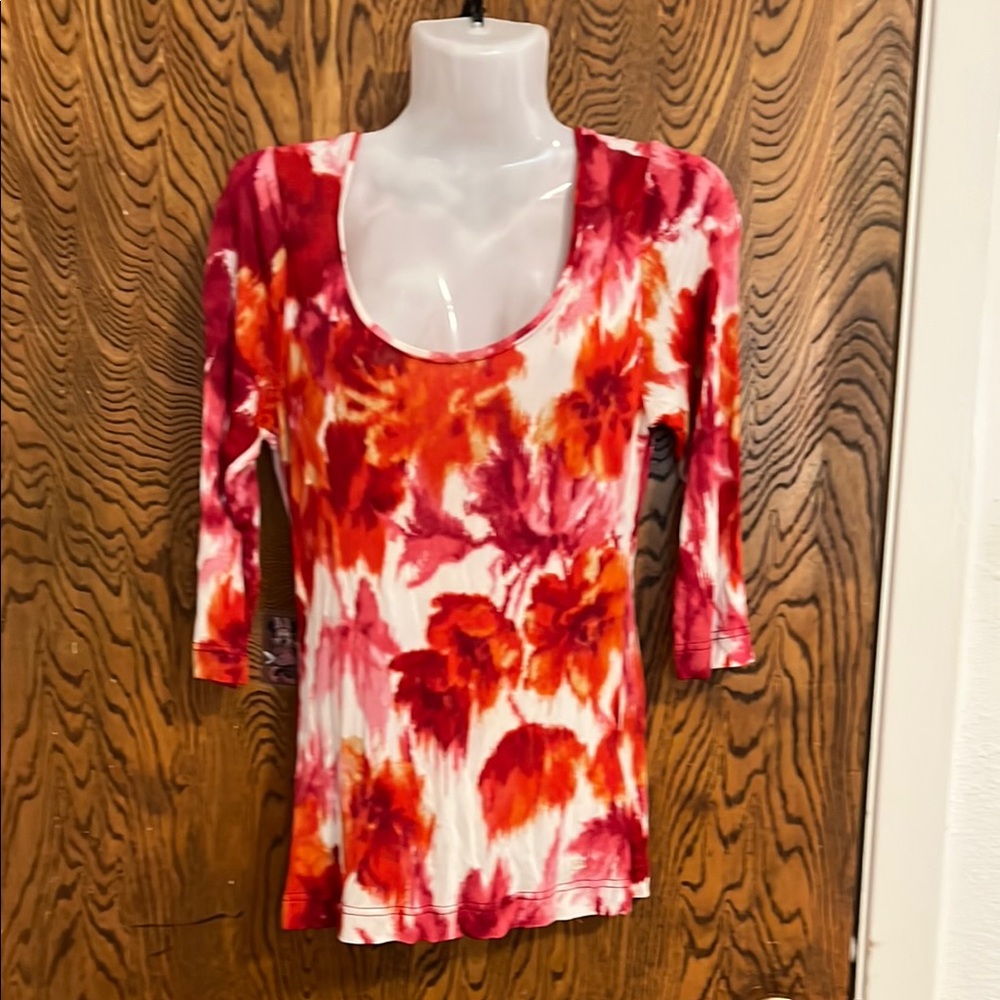 Escada Red Floral 3/4 Sleeve Top Small